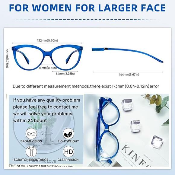 Oversized Women’s Reading Glasses +1.25 Blue Fashion Lightweight Readers - Picture 3 of 7